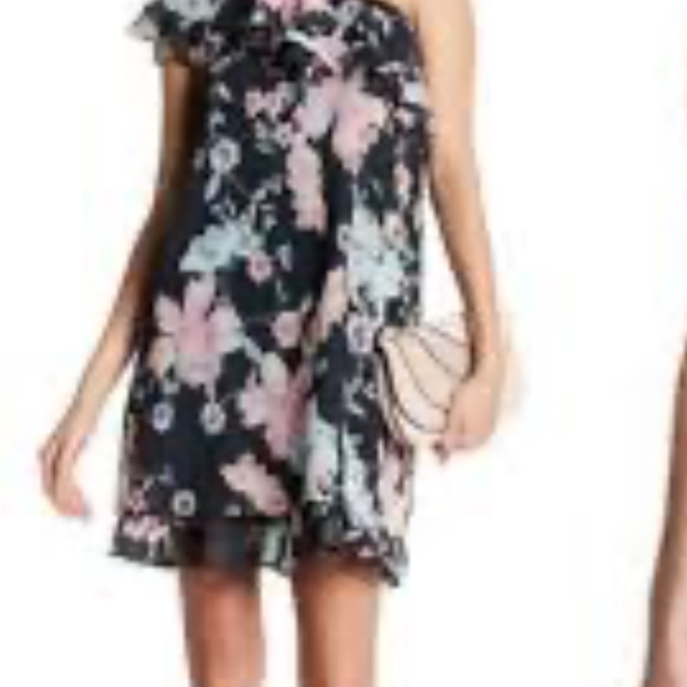 Eliza J One Shoulder Black and Pink Floral Dress